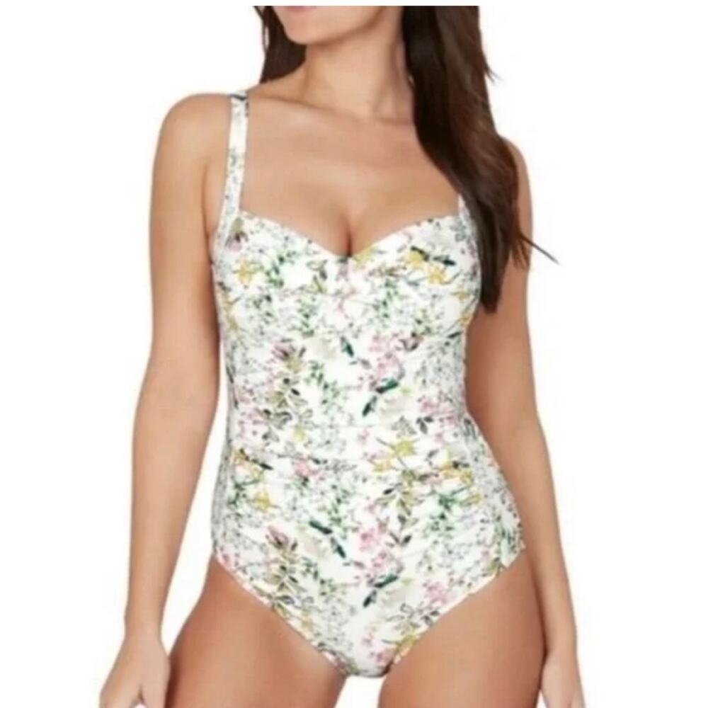 Nip Tuck Floral Ruched One Piece Swimsuit Womens 6 Green White Slimming EUC